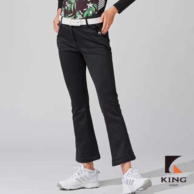 【KING GOLF】網路獨家-女款素色素面修身彈力舒適微喇叭褲高爾夫球長褲-黑色