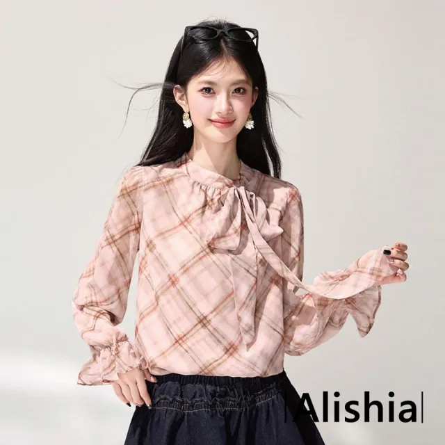 【Alishia】甜美氣質經典格紋綁帶雪紡衫 長袖 上衣 S-2XL(粉格紋)