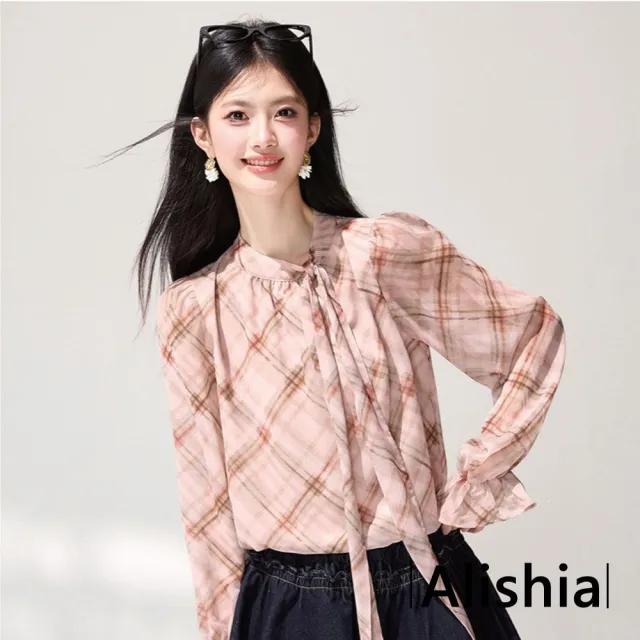 【Alishia】甜美氣質經典格紋綁帶雪紡衫 長袖 上衣 S-2XL(粉格紋)