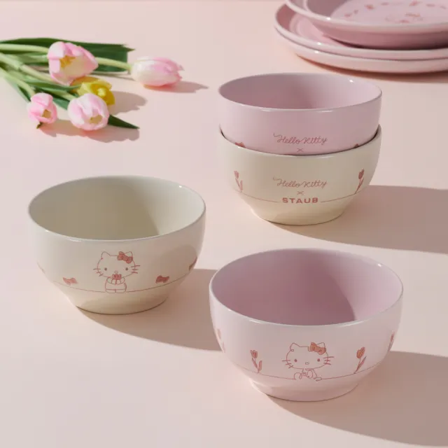 【STAUB】Hello Kitty 粉紅奶酪&燕麥白圓形陶瓷餐碗12cm雙色4件組-凱蒂花語(德國雙人集團官方直營)