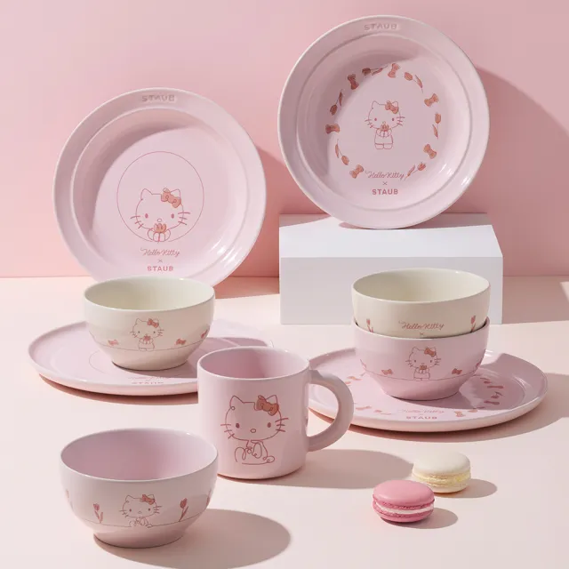 【STAUB】Hello Kitty 粉紅奶酪&燕麥白圓形陶瓷餐碗12cm雙色4件組-凱蒂花語(德國雙人集團官方直營)