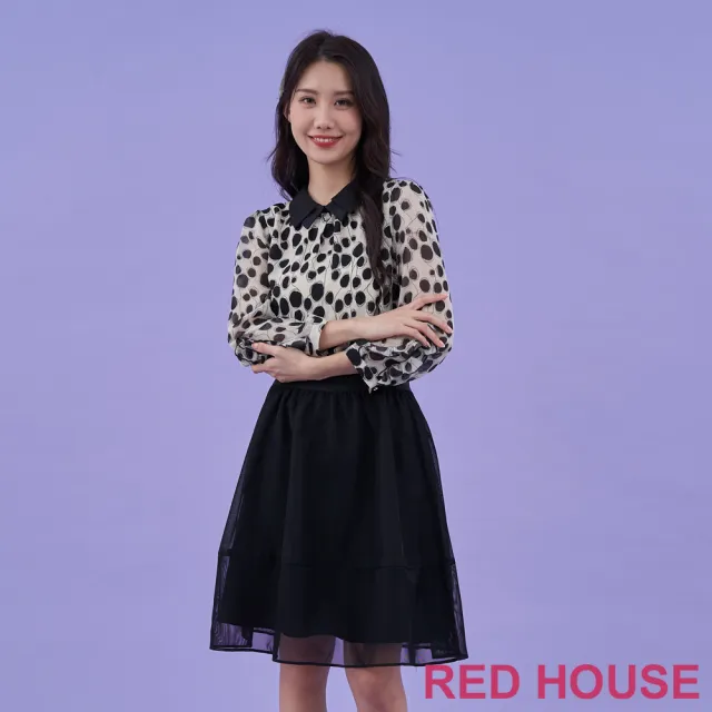 【RED HOUSE 蕾赫斯】俏麗點點拼接網紗洋裝(黑色)