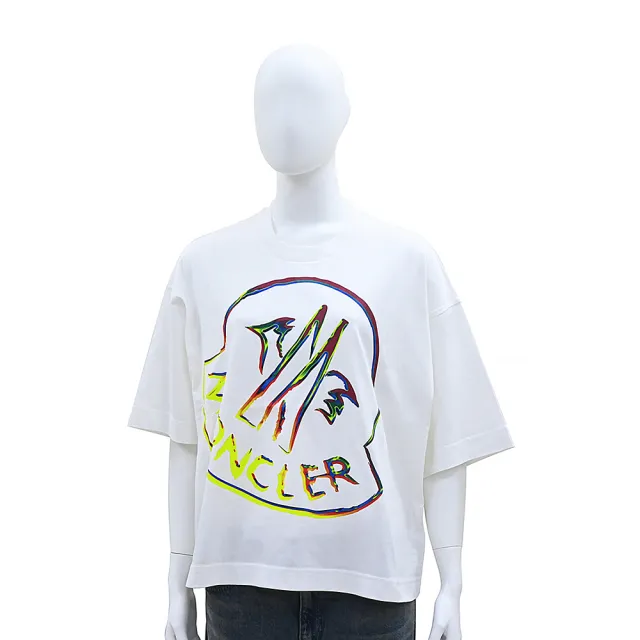 【MONCLER】展示品 MONCLER彩虹水彩圖純棉五分袖寬鬆T恤(女款/白)