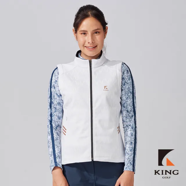 【KING GOLF】網路獨家-女款滿版W底紋印花立領刷毛拉鍊背心外套-白色