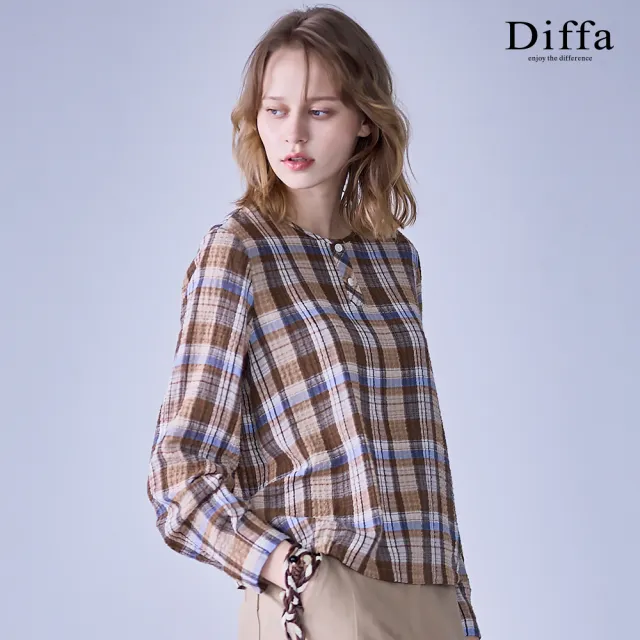 【Diffa】咖格前領開扣長袖上衣-女