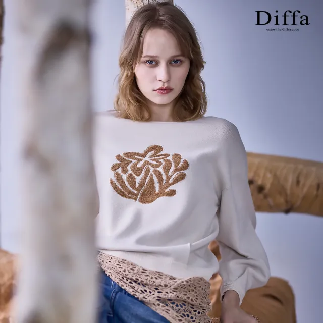 【Diffa】沙漠玫瑰提花落肩長袖線衫-女