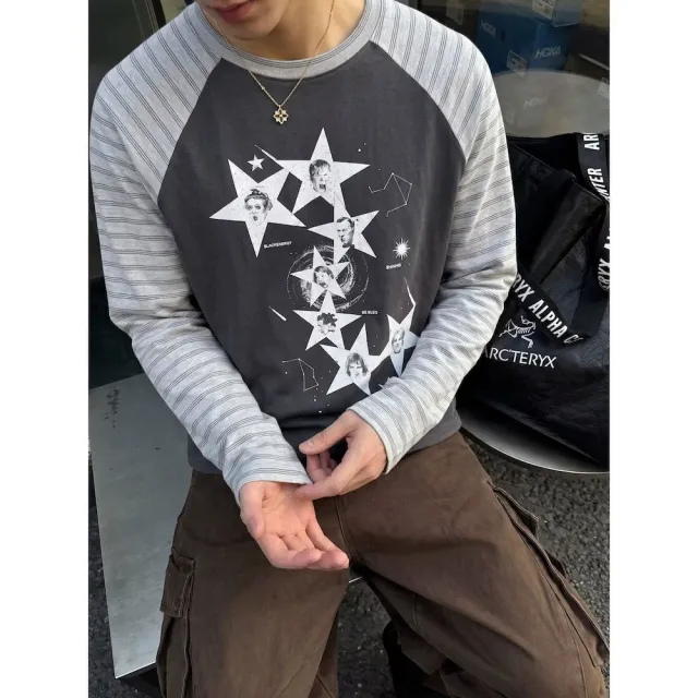 【AMERO】男女同款 薄長T 星芒人像 條紋袖