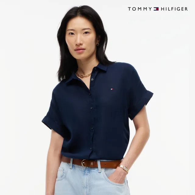 【TOMMY HILFIGER】官方旗艦館寬鬆亞麻短袖襯衫 藍色