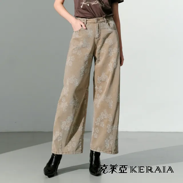 【KERAIA 克萊亞】魅力價-淺秋花影植絨斜紋水洗牛仔褲
