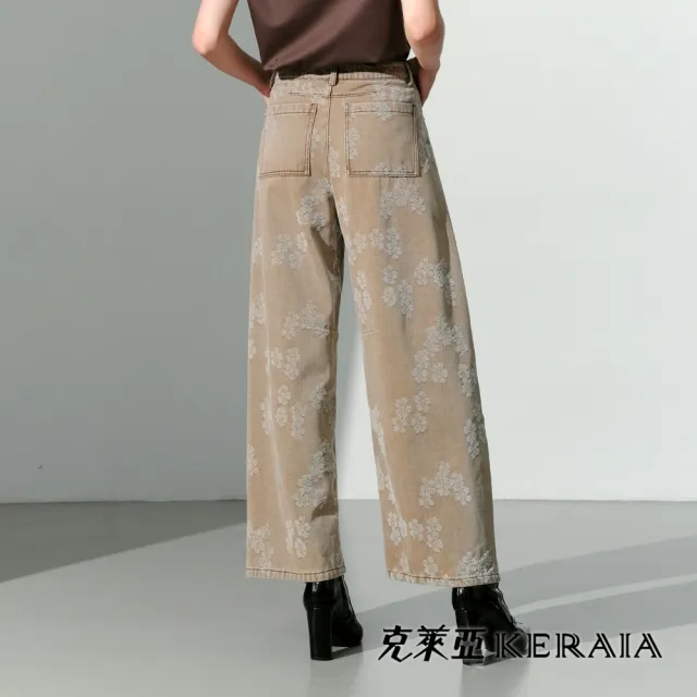 【KERAIA 克萊亞】魅力價-淺秋花影植絨斜紋水洗牛仔褲