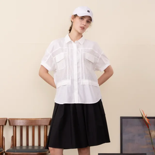 【MASTINA】異材質拼接格紋短袖襯衫 藍 綠 白(魅力商品)