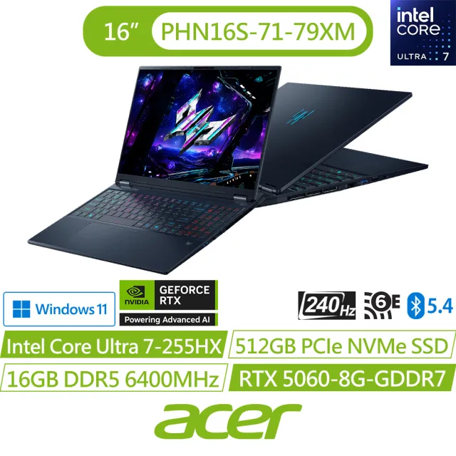 【Acer 宏碁】16吋Ultra 7 RTX5060電競筆電(Predator/PHN16S-71-79XM/Ultra 7 255HX/16G/512GB/W11)