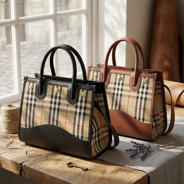 【BURBERRY 巴寶莉】BURBERRY 小牛皮拼帆布Title系列釦帶式斜背包(多色x米格紋)