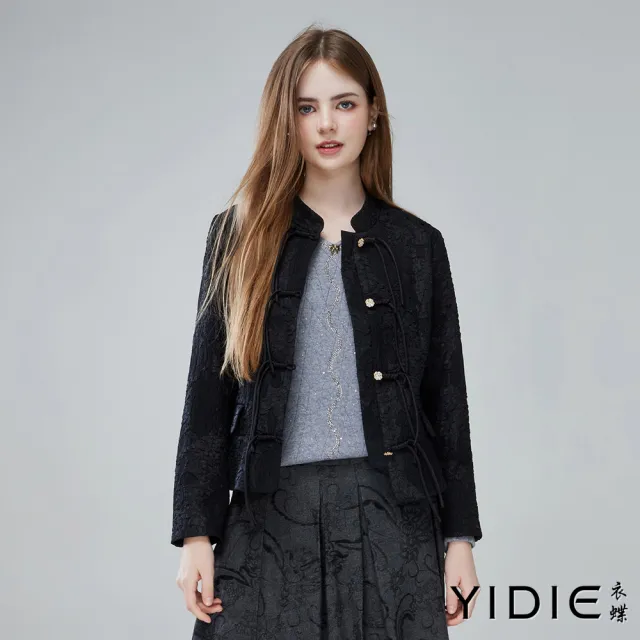 【YIDIE】古典緹花立領造型盤扣短外套-黑