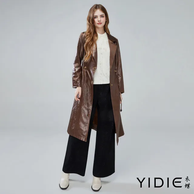 【YIDIE】紋理光澤感鈕扣翻領抽繩長版外套-咖啡