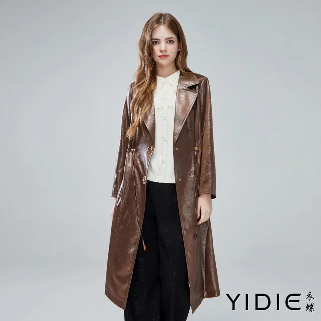 【YIDIE】紋理光澤感鈕扣翻領抽繩長版外套-咖啡