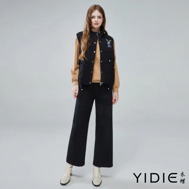 【YIDIE】立領抽繩刺繡鋪棉保暖背心-黑