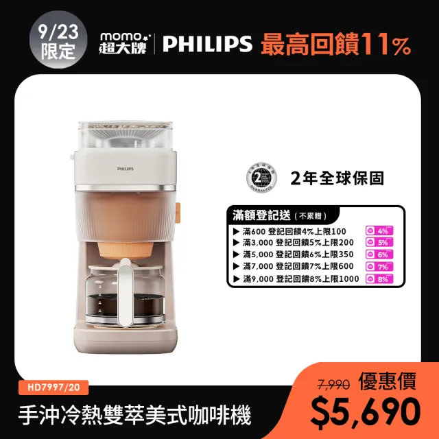 【Philips 飛利浦】2026年度新機！手沖冷熱雙萃美式咖啡機 (HD7997/20)
