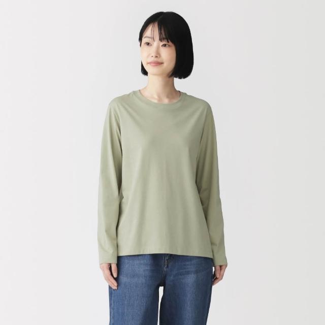 【MUJI 無印良品】女天竺圓領長袖T恤(白色/黑色/綠色/棕色/黑紋樣/磚紅紋樣/綠紋樣/灰棕紋樣)