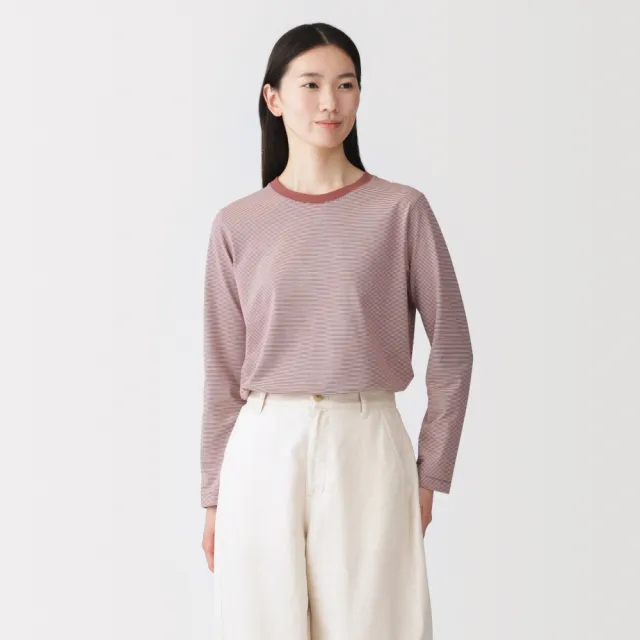 【MUJI 無印良品】女天竺圓領長袖T恤(白色/黑色/綠色/棕色/黑紋樣/磚紅紋樣/綠紋樣/灰棕紋樣)