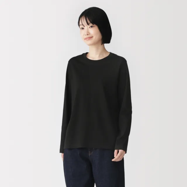 【MUJI 無印良品】女天竺圓領長袖T恤(白色/黑色/綠色/棕色/黑紋樣/磚紅紋樣/綠紋樣/灰棕紋樣)