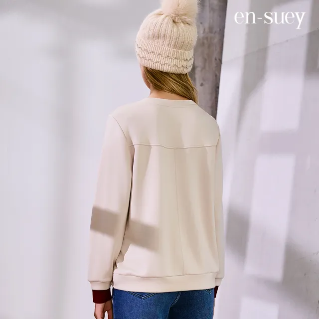 【en-suey 銀穗】撞色拼接貓咪印花上衣-女