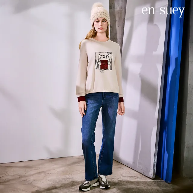 【en-suey 銀穗】撞色拼接貓咪印花上衣-女