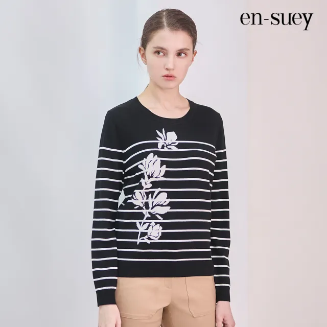 【en-suey 銀穗】柔美花朵條紋長袖線衫-女