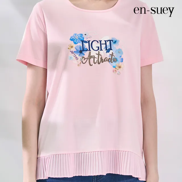 【en-suey 銀穗】下擺百褶剪接繡花短袖上衣-女