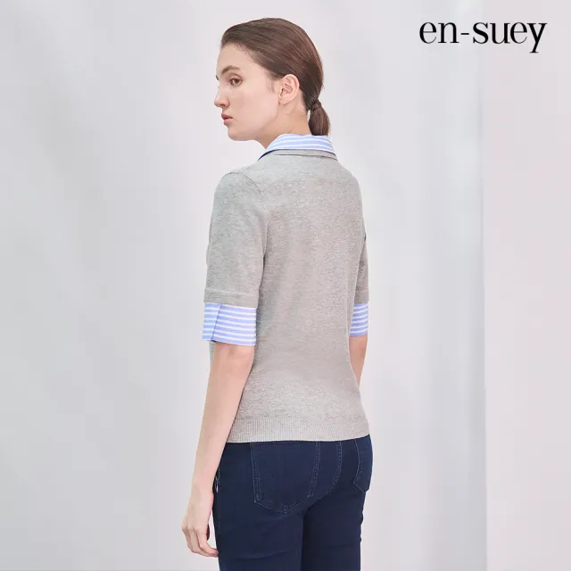 【en-suey 銀穗】仿兩件異素材半開襟線衫-女