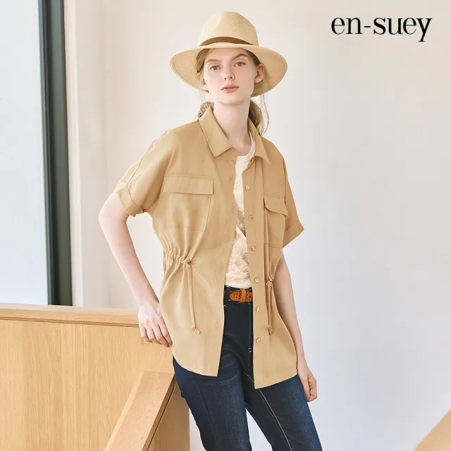 【en-suey 銀穗】雙口袋腰抽繩短袖上衣-女