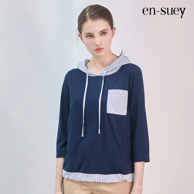 【en-suey 銀穗】條紋拼接連帽七分袖上衣-女