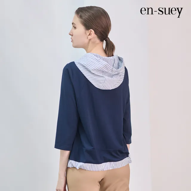【en-suey 銀穗】條紋拼接連帽七分袖上衣-女
