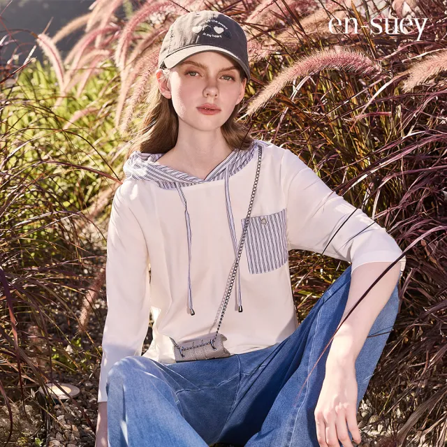 【en-suey 銀穗】條紋拼接連帽七分袖上衣-女