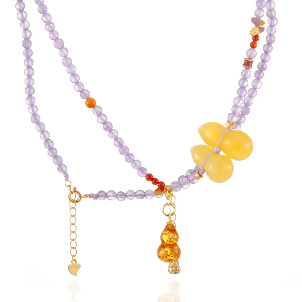 【Woogie武吉珠寶】琥珀蜜蠟精品設計蜜蠟套鍊(紫水晶葫蘆25x31mm)