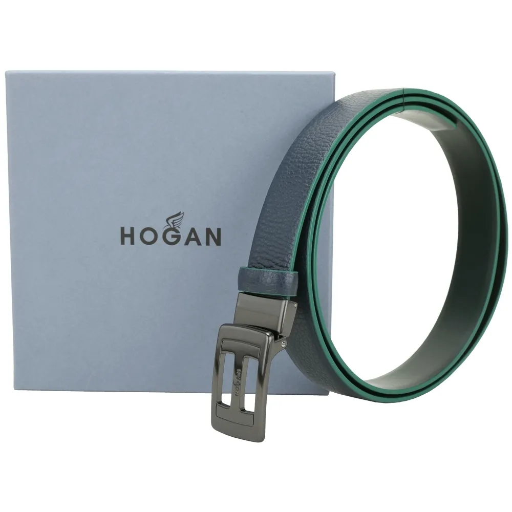 【HOGAN】H 30mm 金屬方框荔紋牛皮腰帶(深藍色 皮帶 真皮 皮件)