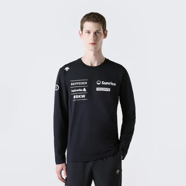 【DESCENTE】長袖上衣 男 快排 [SWISS SKI CLASSIC] TEAM GRAPHIC LS ROUND TEE 黑 SR421STLO1-BLK0