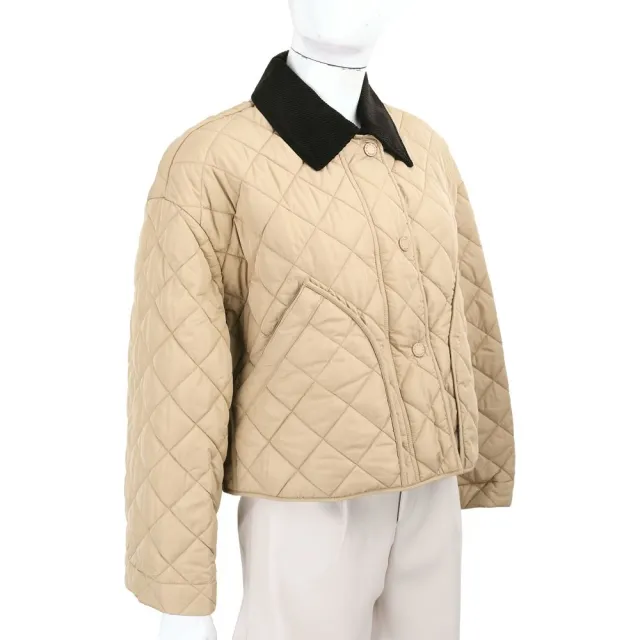 【MaxMara】WEEKEND WKDKAKI 燈芯絨領 卡其色防潑水塔夫綢 短版菱格外套 夾克
