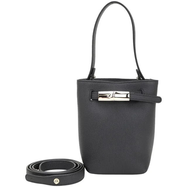 【LONGCHAMP】Le Smart XS 竹節扣帶荔紋小牛皮手提/肩斜背水桶包(黑色 兩用包 法國精品)