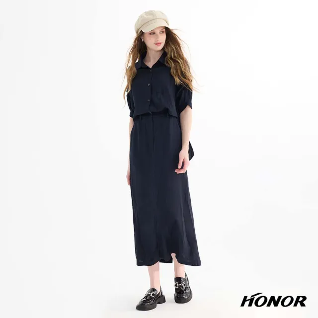 【HONOR 山形屋】翻領層次袖收腰長洋裝-藍