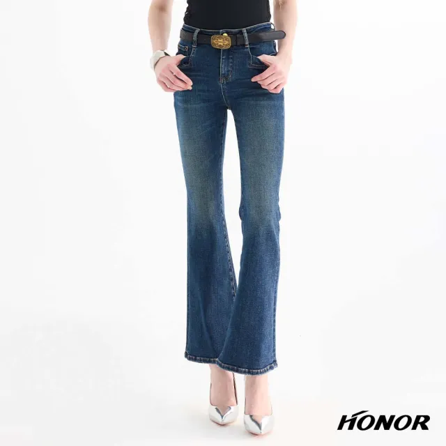 【HONOR 山形屋】復古腰帶修身喇叭牛仔褲-黑/藍