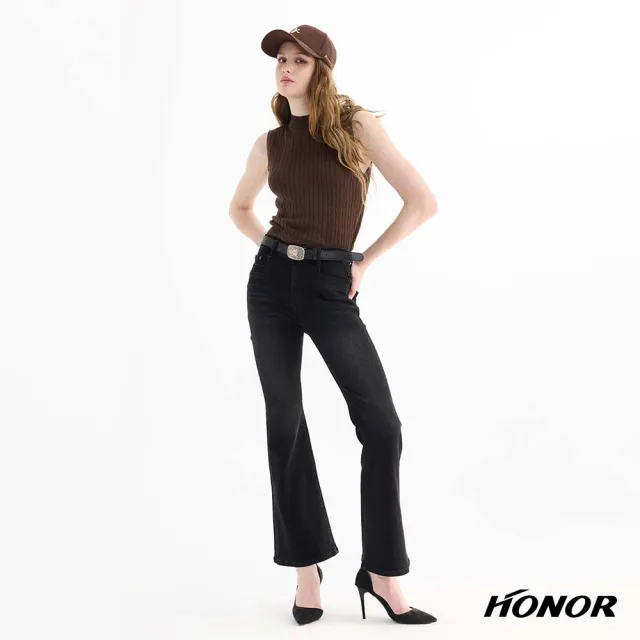 【HONOR 山形屋】復古腰帶修身喇叭牛仔褲-黑/藍