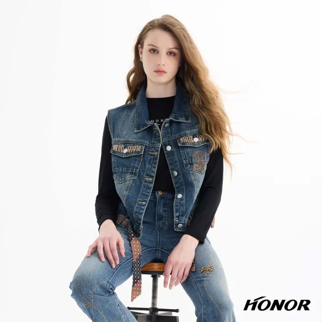 【HONOR 山形屋】復古鉚釘拼接綁帶牛仔背心-藍