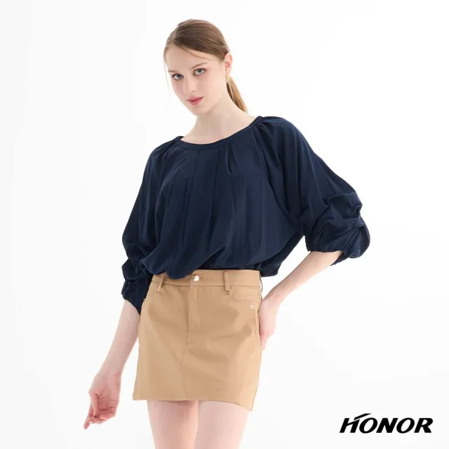 【HONOR 山形屋】圓領抓褶澎袖寬版上衣-紅/藍