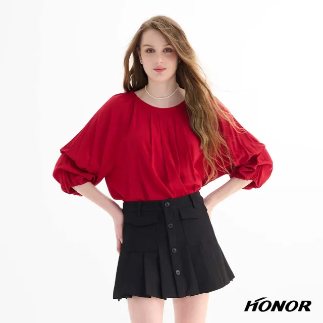 【HONOR 山形屋】圓領抓褶澎袖寬版上衣-紅/藍