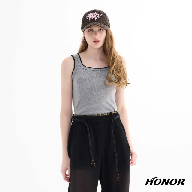 【HONOR 山形屋】方領撞色滾邊羅紋背心-灰/咖
