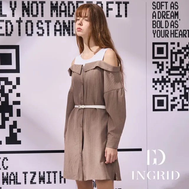 【IGD 英格麗】實體同步款-假2件條紋排釦洋裝(卡其)