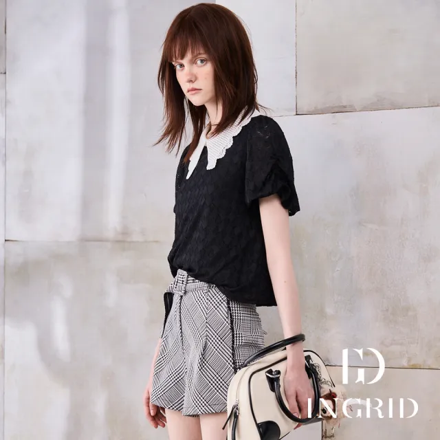 【IGD 英格麗】實體同步款-甜美翻領蕾絲上衣-黑色