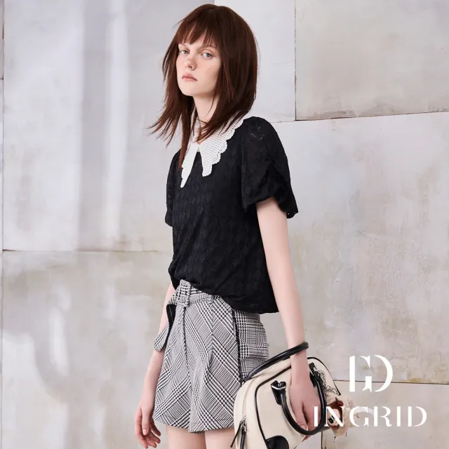 【IGD 英格麗】實體同步款-甜美翻領蕾絲上衣-黑色