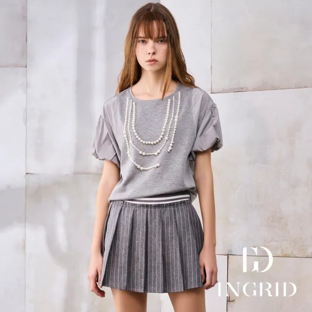 【IGD 英格麗】實體同步款-珍珠鍊公主袖上衣-灰色